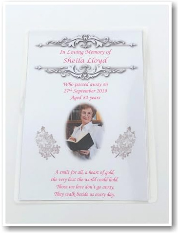 Personalised A6 Funeral, Memorial, Remembrance, Keepsake Laminated Cards M2 (50)