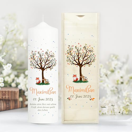 Wandtattoo Loft Taufkerze Junge Motiv Baum mit Hase und Fuchs, 25cm x 7cm, personalisierte Kerze, bedruckte Kerze zur Taufe, Stumpenkerze, individuelles Taufgeschenk