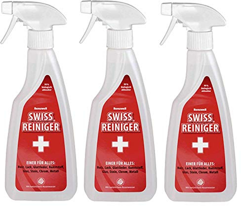 Renuwell Swiss Reiniger, 3x 500 ml – kraftvolle schonende Reinigung ohne Alkohol, entfernt Fett, Schmutz & Ablagerungen, für Holz, Kunststoff, Metall & Stein, Schweizer Qualität