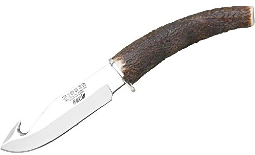 Joker Huron Jagdmesser CC74, 11 cm MOVA-Klinge, Hirschstangengriff, Edelstahlkreuz, mit brauner Lederscheide, Angelgerät, Jagd, Camping und Wandern.