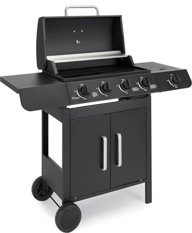 VonHaus Gas BBQ – 4+1 Burner Portable Barbecue with Warming Rack, Side Burner, Temperature Gauge, Cabinet Storage Shelf, Wheels, Gas Hose & Regulator – Steel Barbeque can Grill Meat, Fish & Veg