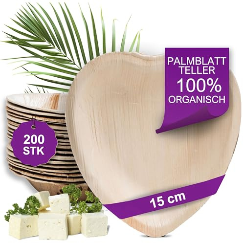 Waipur Bio Palmblatt Teller - 200 Stück Herz 15 cm - Premium Einweg Geschirr - Umweltfreundliches Hochzeitsgeschirr - ähnl. Bambus Einwegteller