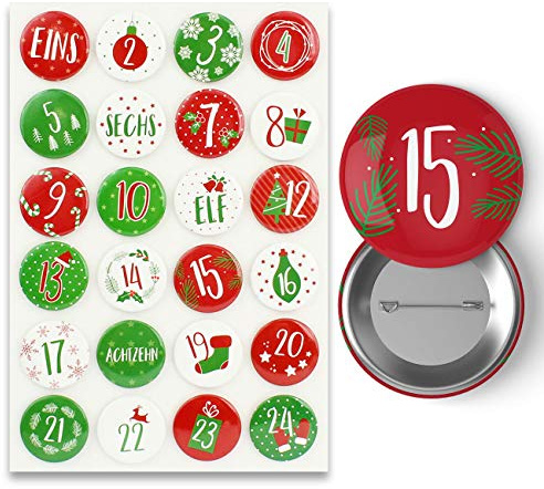 Papierdrachen 24 Adventskalender-Zahlen auf Buttons 35 mm - Anstecknadeln zum Dekorieren von Adventskalendern - mit Zahlen von 1-24 - Rot-grün - Ideal für Stoffsäckchen und Beutel - Zahlen-Buttons
