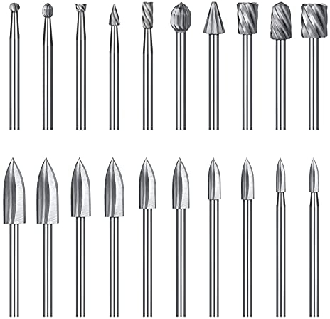 20pcs Rotary Burrs Set, HSS Rotary Burrs Milling Bits Wood Routing Tool Accessories Rotary Tool 3mm Shank for Woodworking, Carving, DIY Drilling
