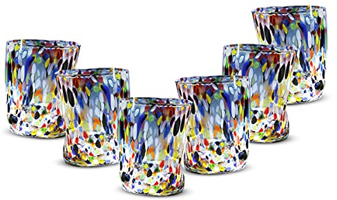 Gocce di Murano Juego de 6 vasos Goto de cristal de Murano soplado de 300 ml, hecho a mano, de colores, paquete de 6 copas de agua elegantes y preciosas, fabricado en Italia (Murrina, 6)