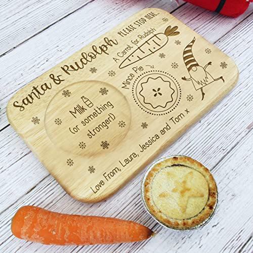 eBuyGB Personalised Christmas Eve Tea & Biscuit Board, Santa & Rudolph Please Stop Here Xmas Eve Treat Plate, Santa Claus Rudolph Reindeer, Wooden Snack Tray