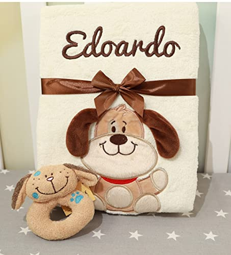 Generisch GESCHENKSET Babydecke mit Namen und Datum Bestickt + Spielzeug + Geschenkbox (Beige Hund + Spielzeug)