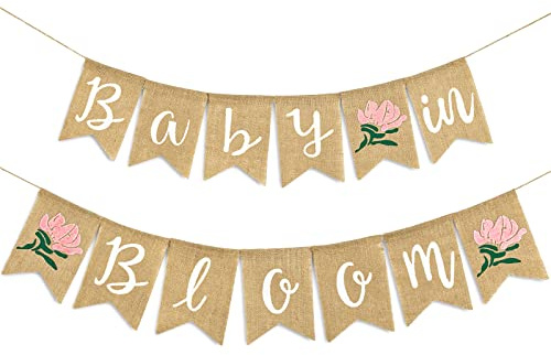 Whaline Baby in Bloom Burlap Banner with Pink Flower Rustic Bunting Garland for Baby in Bloom Party Gender Reveal Decorations Babys Shower Magnolia Floral Mommy to Be Celebration Supplies