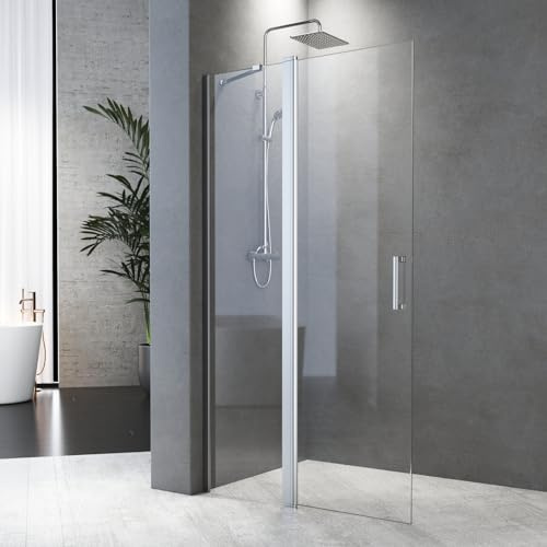 Duschabtrennung 120x185cm Walk-IN Duschabtrennung Duschwand Pendeltür Duschabtrennung mit Festteil und Eckregalen Drehtür Schwingtür Duschkabine 6mm NANO Sicherheitsglas Glas