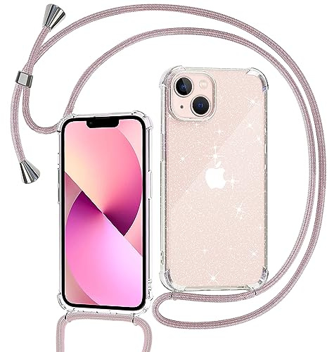 Tikgue Handykette für iPhone 13 Hülle mit Band, Handyhülle mit Kordel zum Umhängen Schutzhülle mit Kette Glitzer Transparent Weich TPU Silikon Bumper - Roségold