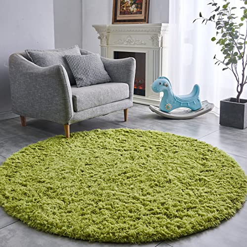 FJZFING Grass Green Round Rug Ultra-Soft Plush Modern 4x4 Circle Area Rug for Kid's Bedroom, Fluffy Shag Circular Rug for Nursery Room, Cute Grass Green Carpet for Teen's Room