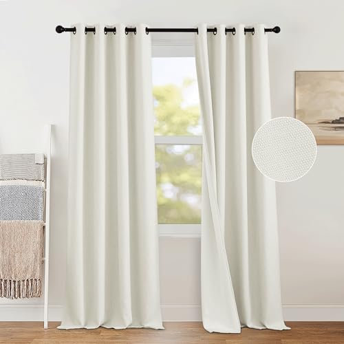 PONY DANCE Linen Blackout Soundproof Curtains - Energy Saving Off White Living Room Darkening Curtains with Eyelet Top, Boho PrivacyWindow Drapes for Kids Bedroom, 46 Wide x 90 Drop, 2 Panels