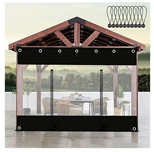 Outdoor-Vorhänge, durchsichtige wasserdichte Planenvorhänge mit Ösen, Outdoor-Pergola, Terrasse, Veranda, Pavillon, Carport, Schwarze transparente Seitenwände,