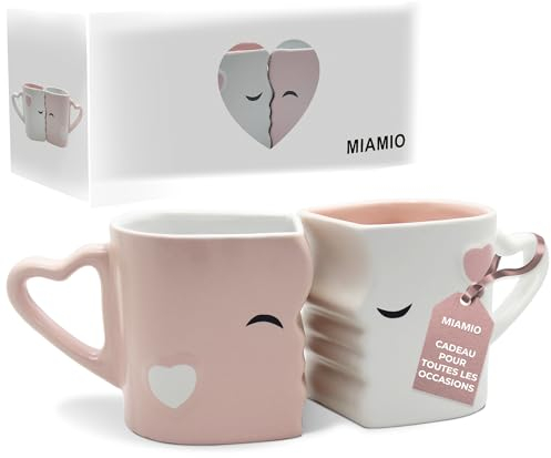 MIAMIO - Kaffeetassen/Küssende Tassen Set Geschenke für Frauen/Männer/Freund/Freundin zur Hochzeit/Weihnachten aus Keramik (Rosa)