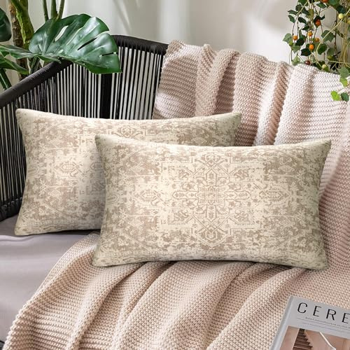 Chicamy Juego de 2 Funda Cojin Boho 30X50 Etnico Indio Patrón Fundas de Cojines Beige Cuadrada Fundas de Almohada Mandala Retro Cuadradas Cojines Decorativos para Sofa Jardín Coche Hogar Otoño