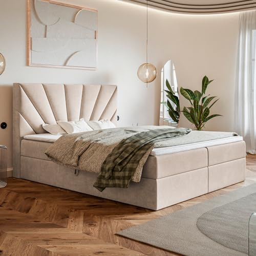 MOTIVENA Aspen Boxspringbett 160x200 mit Bettkasten und Topper, Polsterbett 160x200 mit Bettkasten, Bonellfederkern-Matratze (H4), Visco Memory-Foam Topper (H2), Samt, Beige (Creme)