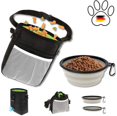Flanacom Kit sac à friandises pour chien avec gamelle pour chien compact et fonctionnel Sac à nourriture pour dressage de chien à suspendre avec distributeur de sacs à déjections pour récompenser