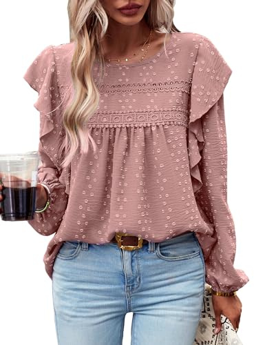MYCOLORBLUE Blusen Tuniken für Damen Elegant Rüschenärmel Swiss Dot Spitzenbesatz Vorne Falten Streetwear Rundhals Hemdbluse Rosa XL