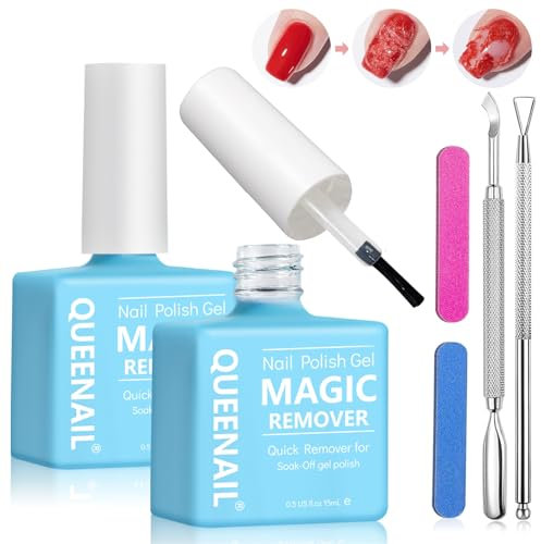 2 * 15ml Gel Nail Polish Remover, Remover for Nails with Cuticle Pusher, Scraper and Files, No Need Foil, Soaking or Wrapping, Quickly & Easily Removes