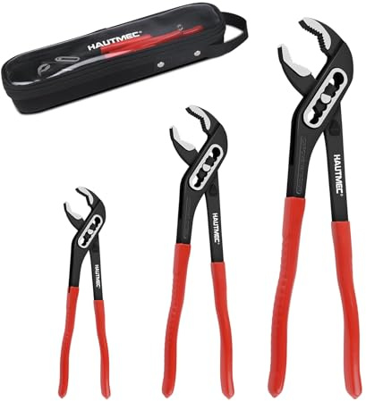 HAUTMEC Wasserpumpenzange Set, Rohrzange & Wasserrohrzange mit weiter Öffnung, Schnellverstellung und gebogener Backe, Pumpenzange für Rohre, Muttern & Schrauben, 3er Set 30/25/18 cm, HT0323-DE