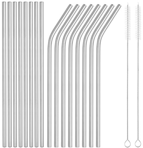 Leegg Strohhalme Edelstahl für Bubble Tea Cocktail Säfte - 8 Lange Gerade 8 Gebogene Strohhalm 2 Reinigungsbürsten (Edelstahl)