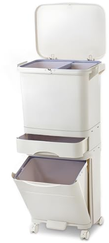 Warmiehomy Mülleimer Küche 3 Fächer, 42L Recycling Große Abfalleimer aus Kunststoff Mülltrennsystem, Tretmülleimer mit Deckel auf Rädern für Küche Wohnung Büro