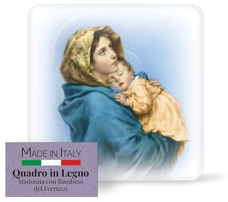 Fratelli Bonella – Stellbild Madonna mit Kind des Ferruzzi – Geformtes Holzbild mit Geschenkbox – Religiöses Ornament 10 x 10 cm