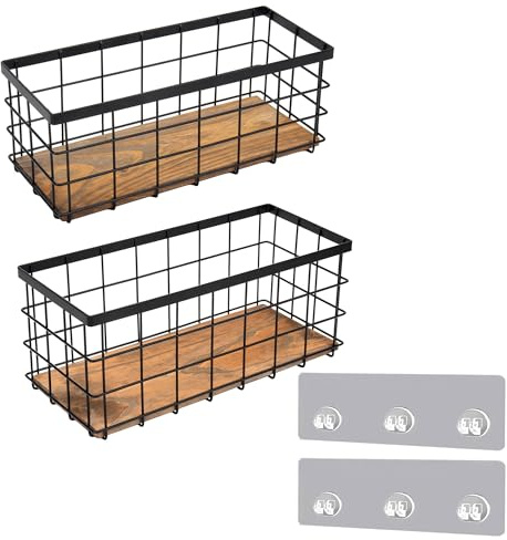 TIEYIPIN Black Metal Wire Storage Baskets with Wood Bottoms, Bathroom Storage Organizer Basket Bins, Set of 2 - Includes 2 Bonus Adhesive Hooks for Easy Wall Mounting