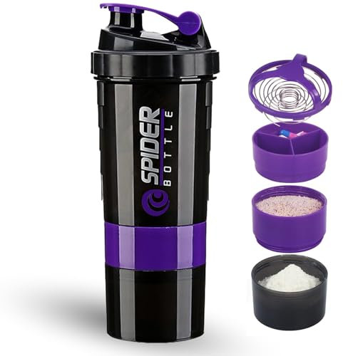 DDUP Protein Shaker Bottle, 16oz 3 Layer Twist Off GYM Shaker Cup Shake Bottle with Mix Grid and Pill & Supplement Storage,Leak Proof Shaker for Protein Shakers (Purple)