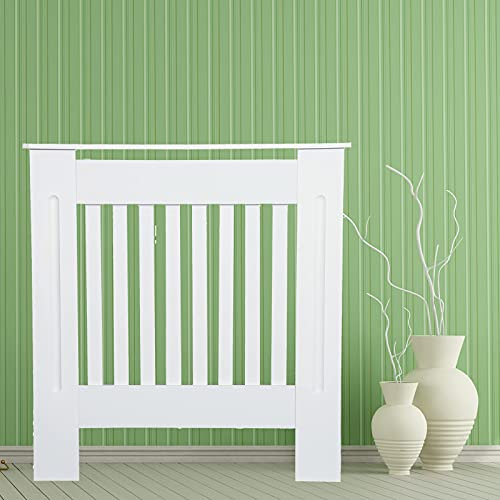 Cache-radiateur moderne blanc de 82 cm de hauteur pour chauffage domestique et radiateurs en bois MDF à lattes verticales 78 x 19 x 82 cm (l x P x H)