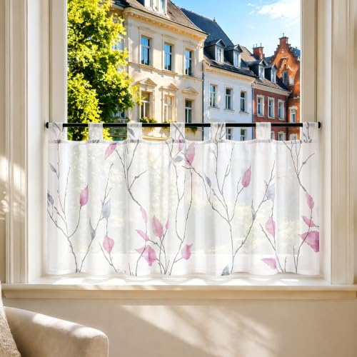 Joyswahl Voile Scheibengardinen Landhausstil Weiß Küchengardinen Transparent Bistrogardine mit Schlaufen Kurzstores mit Blatt- und Blumenmuster Violett HxB 45x120cm 1er Pack