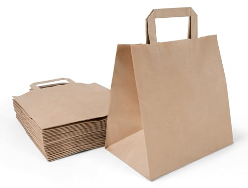Inoverse 50 stk Papiertüten mit Henkel, Papiertragetaschen, 26+20x28 cm Geschenktüten, Braun Kraftpapiertüte, Papiertaschen, Groß Einkaufstüten