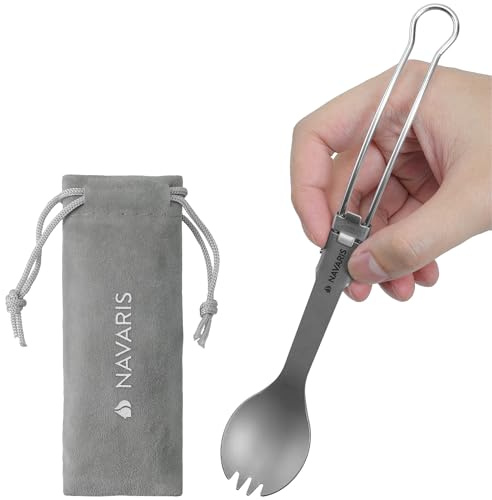 Navaris Titanium & Stainless Steel Spork - Lightweight & Foldable Travel Cutlery - Compact Reusable Fork & Spoon with Locking Mechanism & Carry Bag - Sporks for Camping & Outdoors