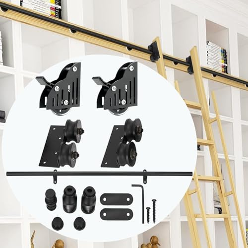 16FT Sliding Library Ladder Hardware kit，Carbon Steel Material Top Roller and PU Silent Floor Wheel, MAX Load 300lb(No Ladder)