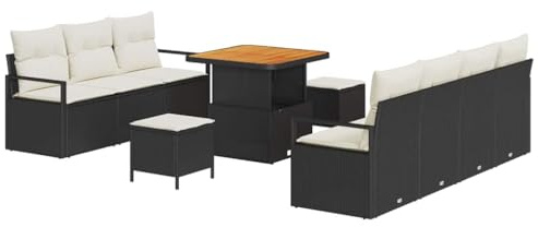 vidaXL 10-delars trädgårdsoff-set med kuddar i svart poly rattan och gräddvita sittplatser för trädgårdar, terrasser och balkonger. Modulär soffa 3-sits med förvaring.