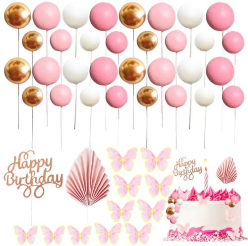 54 Pezzi Decorazione per Torta a Sfera, XingyLi Mini Palloncini Rosa e Oro con Palma, Farfalla e Happy Birthday, Decorazione per Torta a Sfera per Compleanno e Matrimonio