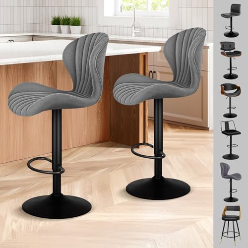 ALFORDSON Barhocker 2er-Set im Muschale-Design, Höhenverstellbar, Grau | Drehbar, 59-81 cm Sitzhöhe, PU-Leder, 41 cm Fuß, Fußstütze, Rückenlehnen, 150KG belastbar, für Küche, Esszimmer, Stella Serie