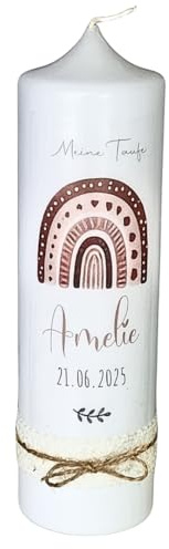 Amelie - Candela per battesimo con arcobaleno Boho, in caldi colori naturali, per bambine, candela per battesimo con fiori secchi, fiocchi, personalizzabile
