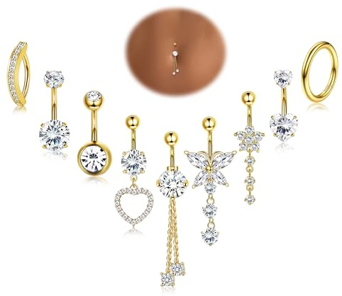 YADOCA 9Pcs 14G Piercing Nombril Acier Chirurgical Argent/Or, Piercing au Nombril CZ Piercing Nombril Anneau pour Femmes, Clicker Piercing Nombril Bijoux