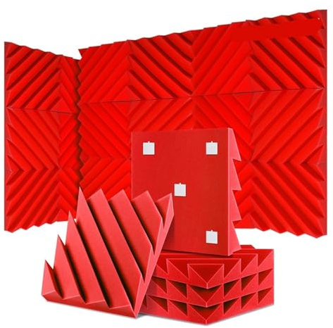 Sound Proofing Panels 12/24 Pcs Home Studio Acoustic Absorption Panel Groove Sound Absorber High Density 3d Decorative Wall Panels(LXC-Red,24 Pcs,Medium Density)