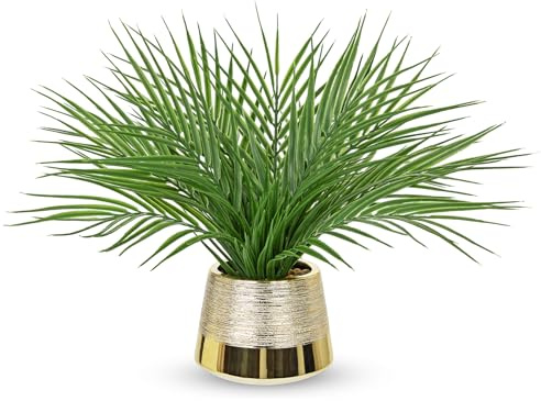 Hollyone 16'' Arificial Palm Plant in Gold Ceramic Pot, Decorative Fake Plants, Faux Greenery for Home Decor, Table, Living Room, Kitchen, Office, Indoor Decoration
