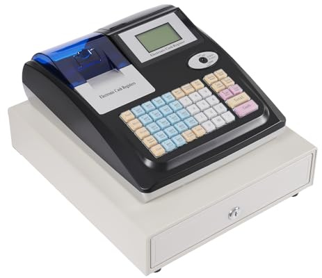 RjcdOPL Electronic Cash Register, 48-Key LED Display Till, Tabletop POS System with Banknote Detector & Secure Drawer, 10,000 PLUs, Ideal for Retail, Restaurants & Convenience Stores