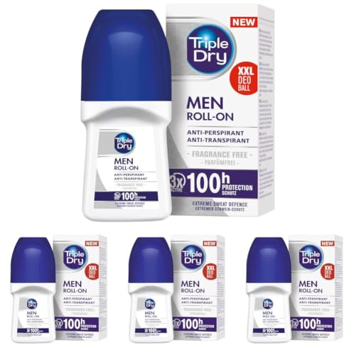 Triple Dry Deodorante roll-On Men anti-traspirazione, anti-sudorazione, deodorante antibatterico, per 100 ore, profumo tonificante, per uomini, 50 ml (Confezione da 4)
