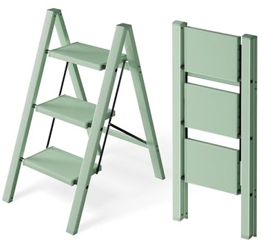Attestierer Trittleiter 3 Stufen klappbar,Tritthocker aus Aluminium | 150 kg Tragfähigkeit,Leiter mit rutschfesten Füßen & breiten Trittstufen,Innen- & Außeneinsatz,Minimalistisch,Hell Grün