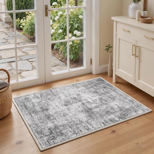 Klyvvo Abstrakt Eingang Teppich 60x90 cm, Kurzflor Teppich, 1200g/m³ Polyester Maschinwaschbar mit Rutschfester TPE-Unterlage für Schlafzimmer Wohnzimmer Küche, läufer, Diele, Grau
