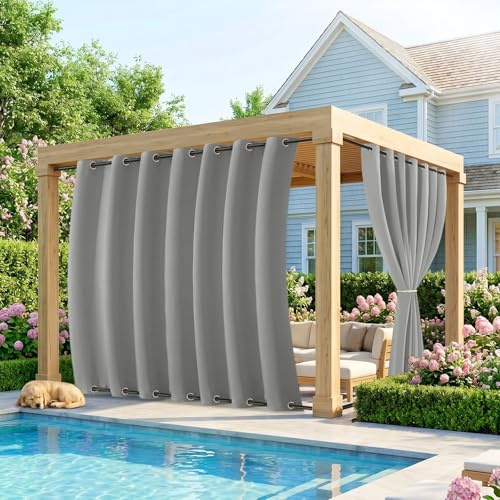 IRONDELIC Outdoor Vorhang Wetterfest Extra Breit B254xH243cm, Winddicht mit Ösen Oben und Unten, Sichtschutz &Sonnenschutz für Pavillon Terrasse Balkon Garten, 1 Stück (Hellgrau)