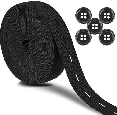 Schwarz Gummiband mit Knopfösen,20mmx5M Elastisch mit Knopflöchern,Nähband Gummiband Flaches Nähen für Nähen,Stricken,Taillenbändern