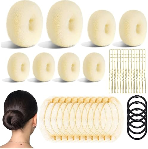 Lot de 63 pièces pour chignons avec filets à chignon, épingles à cheveux et élastiques, donuts pour chignons, accessoires capillaires pour filles, enfants, femmes, danseuses de ballet (beige)