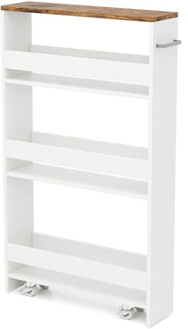 COSTWAY Chariot de Rangement Fin 13 cm, Desserte à 4 Niveaux avec roulettes, Étagère de Cuisine avec Poignée Latérale et Roues Universelles avec Freins, Design Étroit, Blanc + Indstriel