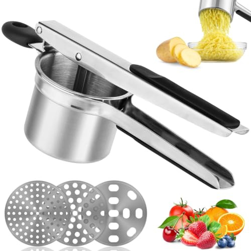 MAILLARD El triturador de patatas y el mortero de patatas con tres coladores reemplazables, el puré de patatas de acero inoxidable se puede utilizar para hacer puré suave y sedoso